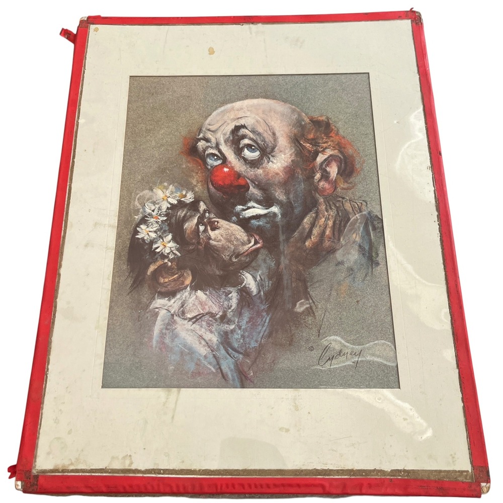 Vintage Cydney Sad Clown and Chimpanzee Lithograph Print 11x14 Red Frame